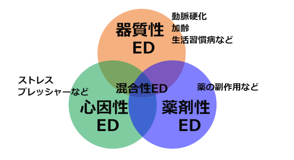 器質性EDと心因性ED、そして薬剤性EDが混合するkとによって混合性EDになるという図