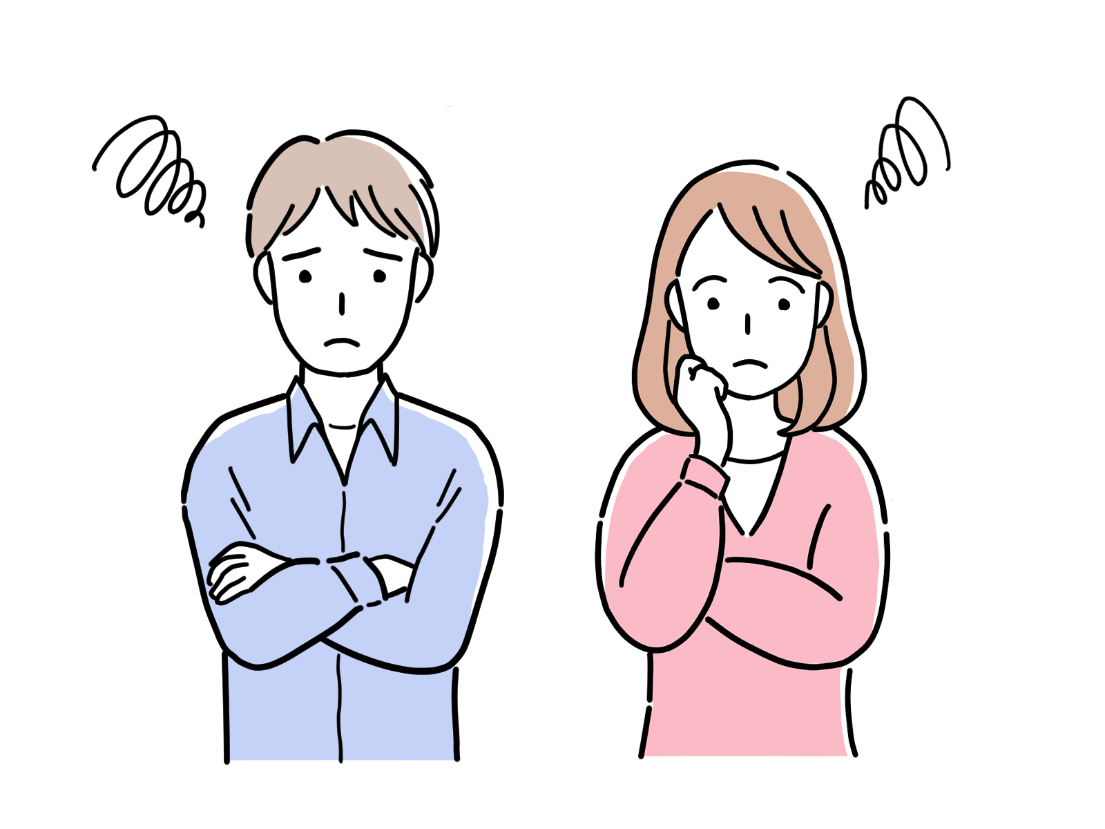 男女が悩んでいるイラスト