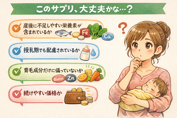 産後のサプリメント選びで悩む女性のイラスト。産後に不足しやすい栄養素が含まれているか、授乳期でも配慮されているか、育毛成分だけに偏っていないか、続けやすい価格かをチェックしている様子