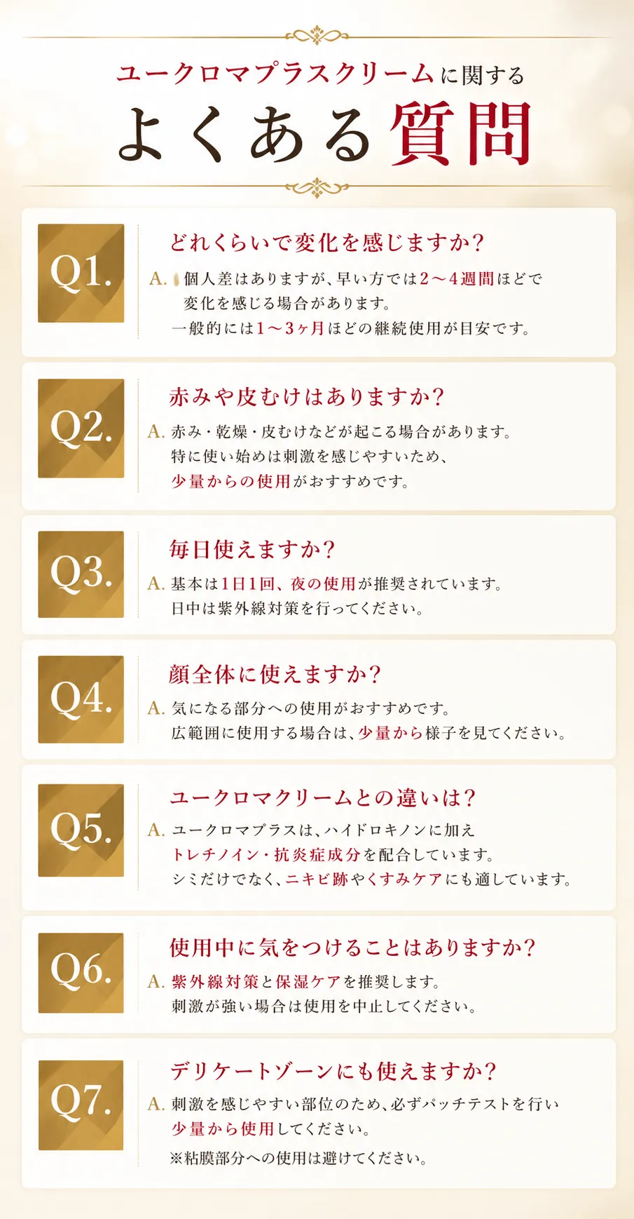 ユークロマプラスクリームに関するよくある質問Q1. どれくらいで変化を感じますか？A. 個人差はありますが、早い方では2〜4週間ほどで変化を感じる場合があります。一般的には1〜3ヶ月ほどの継続使用が目安です。Q2. 赤みや皮むけはありますか？A. 赤み・乾燥・皮むけなどが起こる場合があります。特に使い始めは刺激を感じやすいため、少量からの使用がおすすめです。Q3. 毎日使えますか？A. 基本は1日1回、夜の使用が推奨されています。日中は紫外線対策を行ってください。Q4. 顔全体に使えますか？A. 気になる部分への使用がおすすめです。広範囲に使用する場合は、少量から様子を見てください。Q5. ユークロマクリームとの違いは？A. ユークロマプラスは、ハイドロキノンに加えトレチノイン・抗炎症成分を配合しています。シミだけでなく、ニキビ跡やくすみケアにも適しています。\Q6. 使用中に気をつけることはありますか？A. 紫外線対策と保湿ケアを推奨します。刺激が強い場合は使用を中止してください。Q7. デリケートゾーンにも使えますか？A. 刺激を感じやすい部位のため、必ずパッチテストを行い少量から使用してください。※粘膜部分への使用は避けてください。