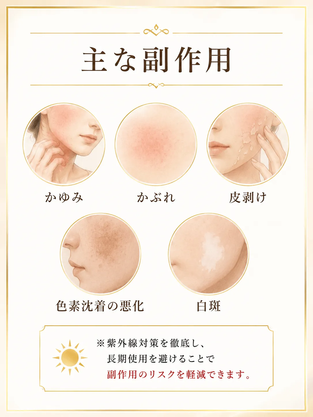 主な副作用 かゆみ、かぶれ、皮剥け、色素沈着の悪化、白斑 紫外線対策を徹底し、長期使用を避けることで副作用のリスクを軽減できます。
