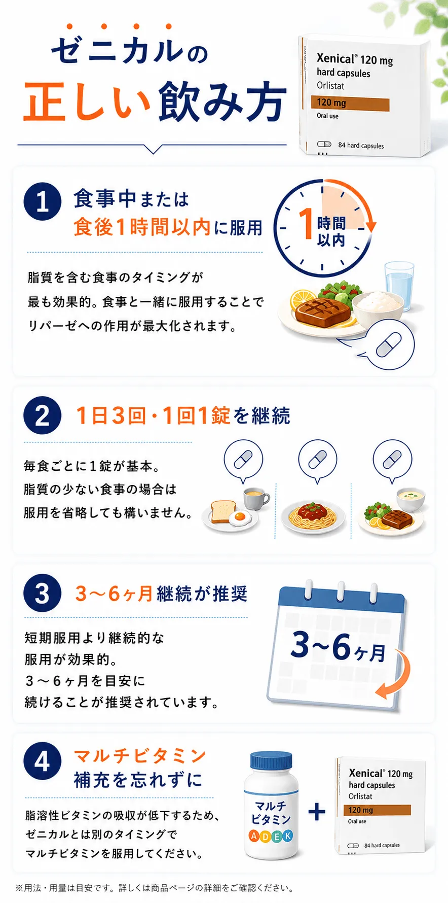 ゼニカルの正しい飲み方01 食事中または食後1時間以内に服用脂質を含む食事のタイミングが最も効果的。食事と一緒に服用することでリパーゼへの作用が最大化されます。02 1日3回・1回1錠を継続毎食ごとに1錠が基本。脂質の少ない食事の場合は服用を省略しても構いません。03 3〜6ヶ月継続が推奨短期服用より継続的な服用が効果的。3〜6ヶ月を目安に続けることが推奨されています。04 マルチビタミン補充を忘れずに脂溶性ビタミンの吸収が低下するため、ゼニカルとは別のタイミングでマルチビタミンを服用してください。