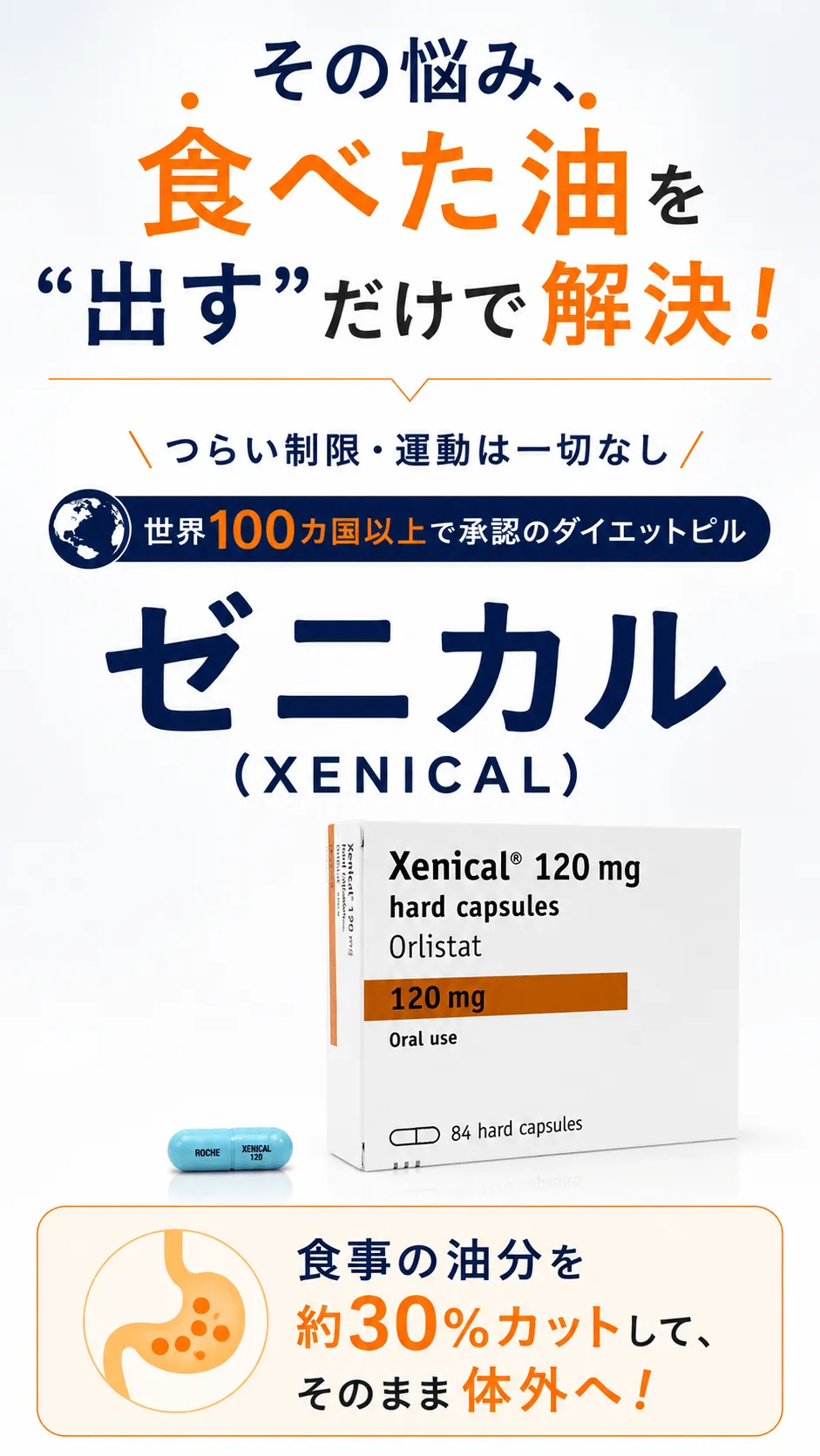 その悩み、食べた油を“出す”だけで解決！＼つらい制限・運動は一切なし／世界100カ国以上で承認のダイエットピル【ゼニカル（XENICAL）】食事の油分を約30％カットして、そのまま体外へ！