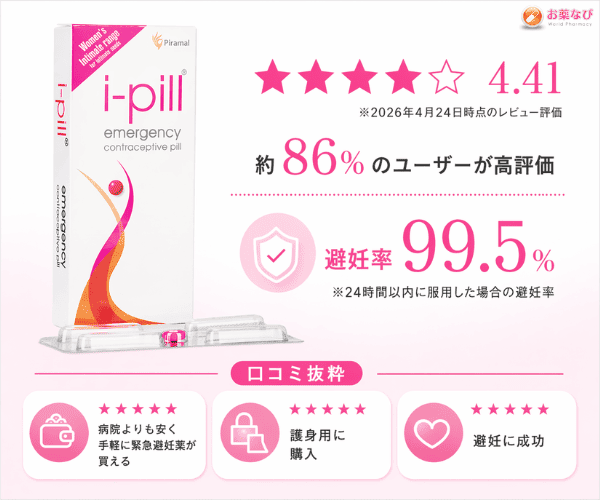 アフターピル（i-pill）の口コミ評価・避妊率・高評価率を訴求した商品バナー画像