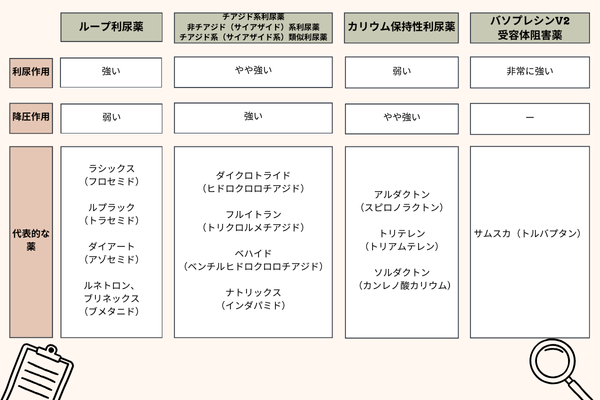 ループ利尿薬、チアジド系利尿薬、非チアジド（サイアザイド）系利尿薬、チアジド系（サイアザイド系）類似利尿薬、カリウム保持性利尿薬、バソプレシンV2受容体阻害薬、利尿作用、強い、やや強い、弱い、非常に強い、降圧作用、弱い、強い、やや強い、-、代表的な薬、ラシックス（フロセミド）、ルプラック（トラセミド）、ダイアート（アゾセミド）、ルネトロン、ブリネックス（ブメタニド）、	ダイクロトライド（ヒドロクロロチアジド）、フルイトラン（トリクロルメチアジド）、ベハイド（ベンチルヒドロクロロチアジド）、ナトリックス（インダパミド）	アルダクトン（スピロノラクトン）、トリテレン（トリアムテレン）、ソルダクトン（カンレノ酸カリウム）、サムスカ（トルバプタン）