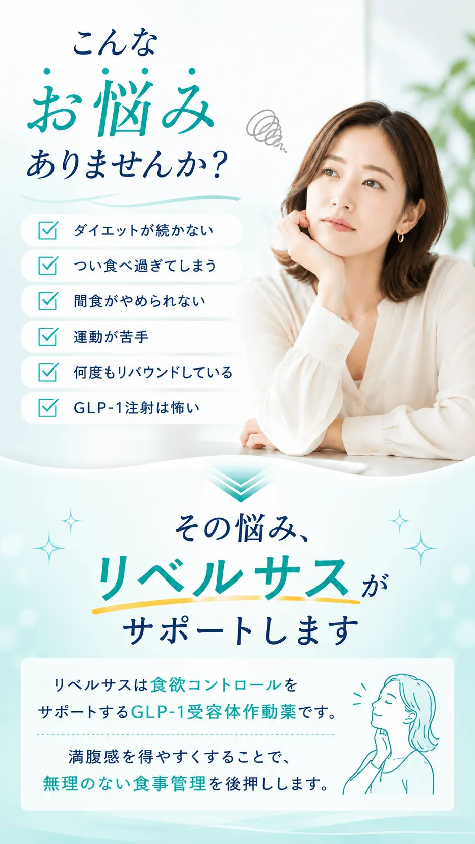 こんなお悩みありませんか？☑ ダイエットが続かない☑ つい食べ過ぎてしまう☑ 間食がやめられない☑ 運動が苦手☑ 何度もリバウンドしている☑ GLP-1注射は怖いその悩み、リベルサスがサポートします リベルサスは食欲コントロールをサポートするGLP-1受容体作動薬です。満腹感を得やすくすることで、無理のない食事管理を後押しします。