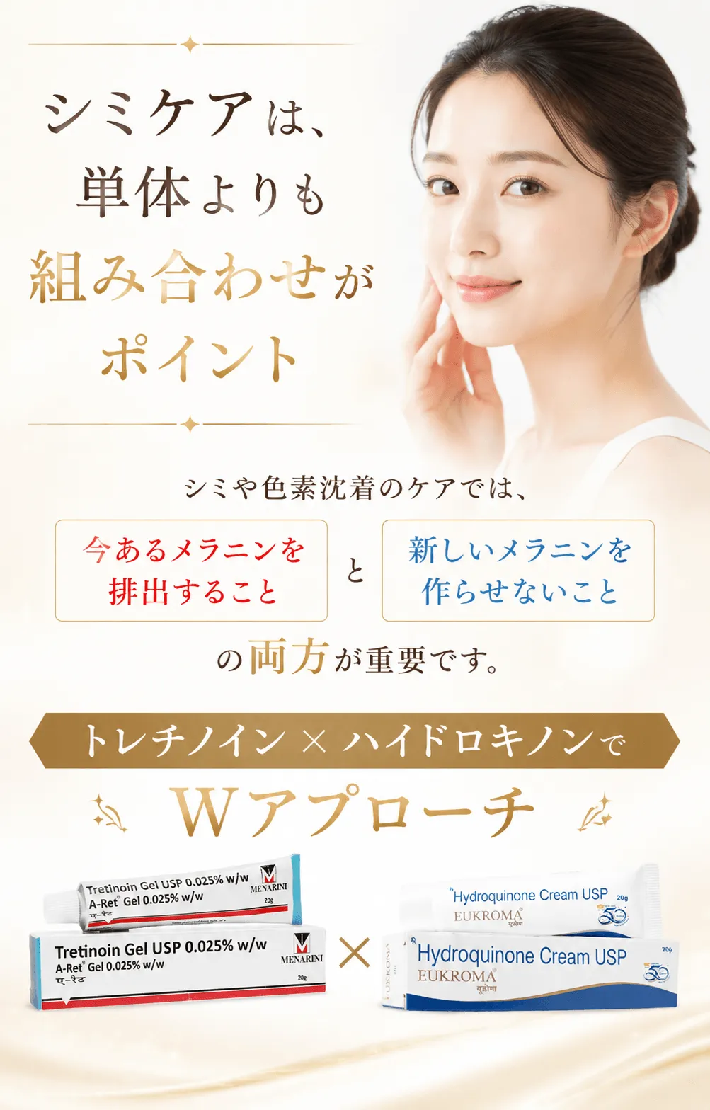 シミケアは、単体よりも組み合わせがポイントシミや色素沈着のケアでは、「今あるメラニンを排出すること」と「新しいメラニンを作らせないこと」の両方が重要です。トレチノイン×ハイドロキノンでWアプローチ