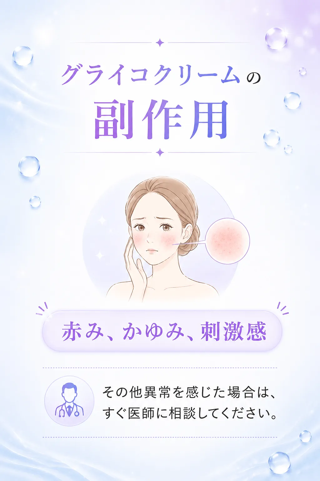 グライコクリームの副作用赤み、かゆみ、刺激感その他異常を感じた場合は、すぐ医師に相談してください。