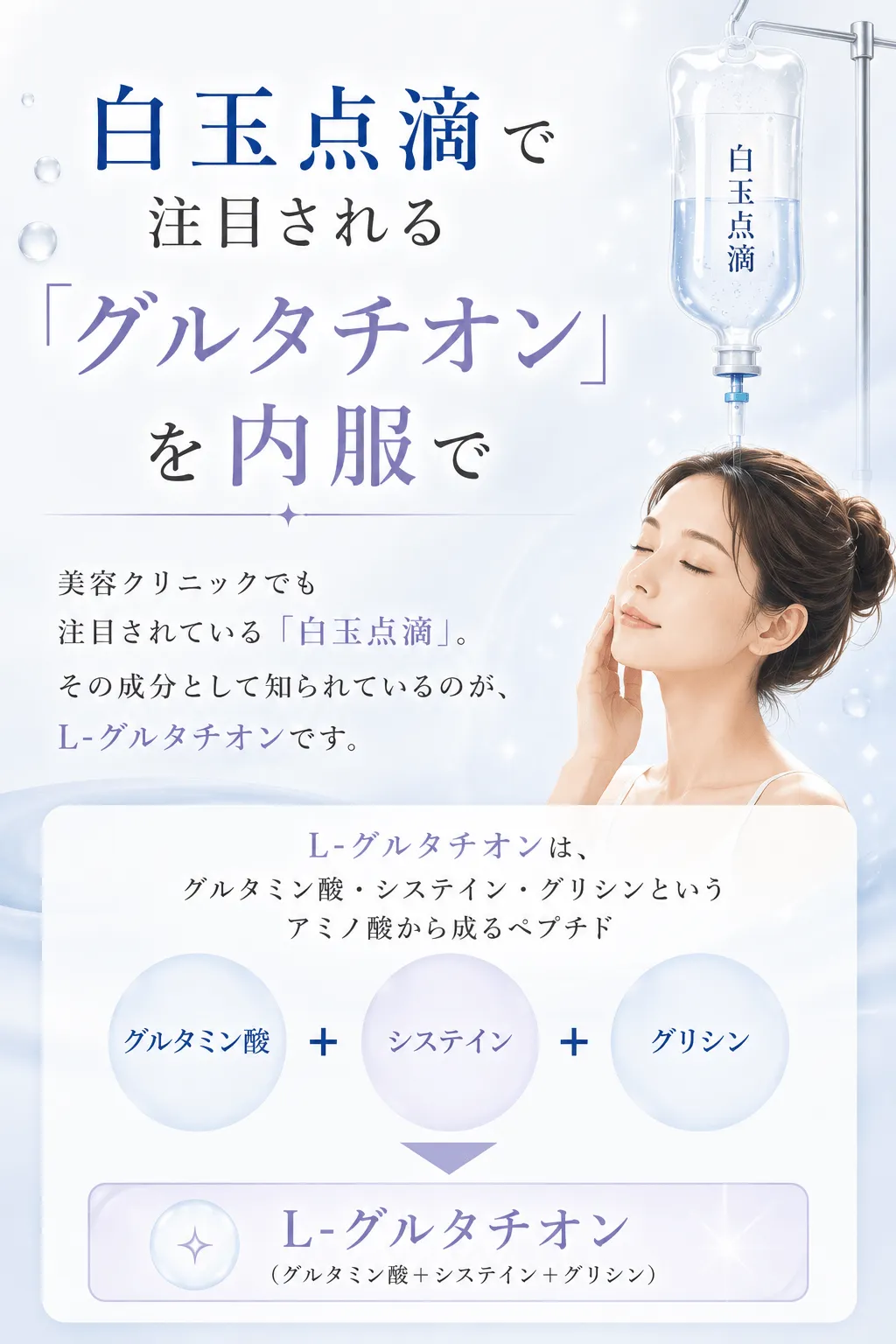 白玉点滴で注目される「グルタチオン」を内服で美容クリニックでも注目されている「白玉点滴」。その成分として知られているのが、L-グルタチオンです。L-グルタチオンは、グルタミン酸・システイン・グリシンというアミノ酸から成るペプチド