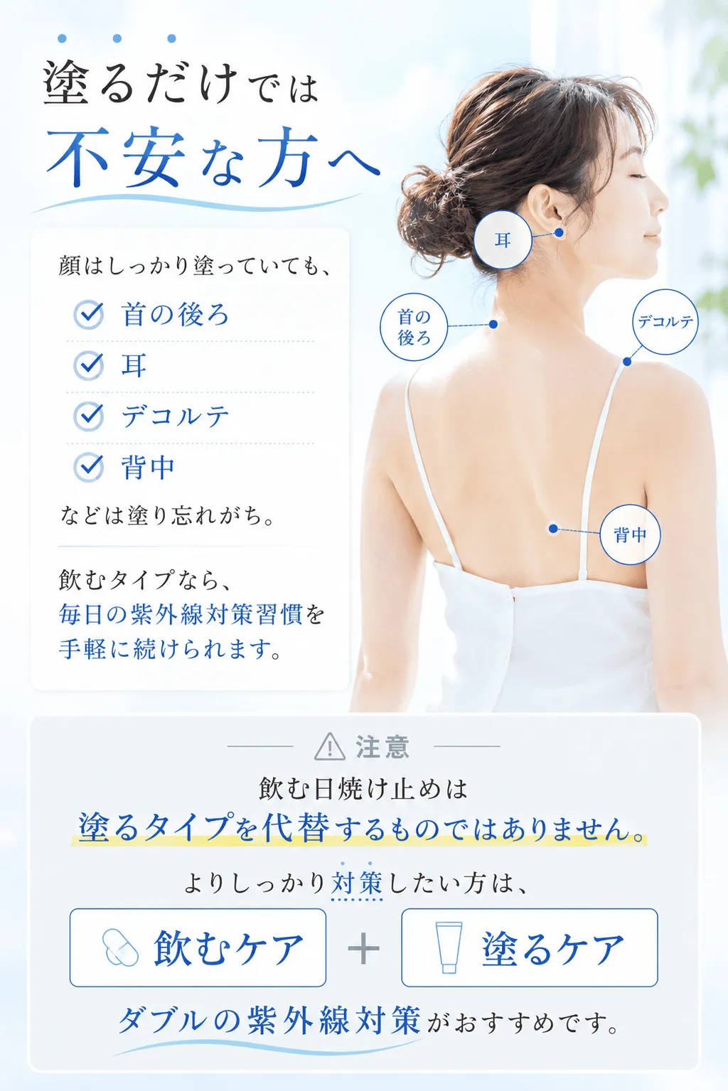 塗るだけでは不安な方へ顔はしっかり塗っていても、✔ 首の後ろ✔ 耳✔ デコルテ✔ 背中などは塗り忘れがち。注意 飲む日焼け止めは塗るタイプを代替するものではありません。よりしっかり対策したい方は、飲むケア＋塗るケアダブルの紫外線対策がおすすめです。飲むタイプなら、毎日の紫外線対策習慣を手軽に続けられます。