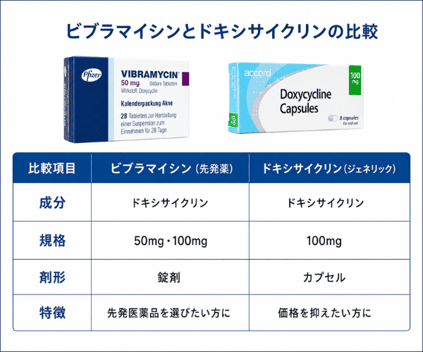 ビブラマイシンとドキシサイクリンジェネリックの成分・規格・剤形・特徴の比較