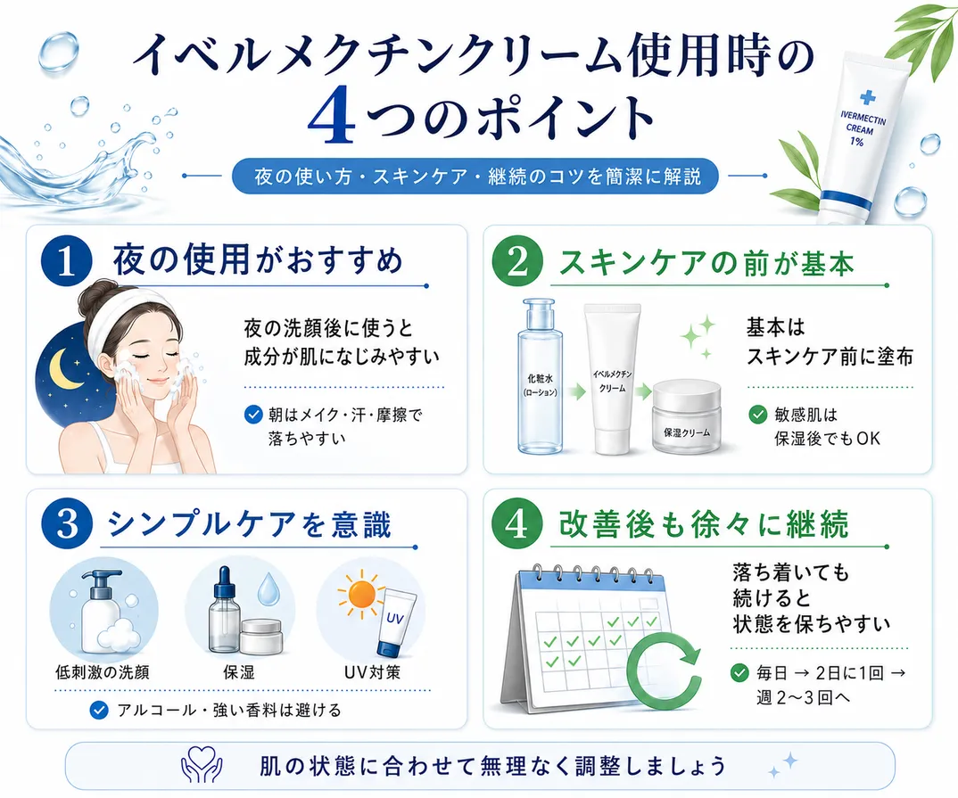 イベルメクチンクリームの使用時の4つのポイント。①夜の使用がおすすめ②スキンケアの前が基本③シンプルケアを意識する④改善後も徐々に継続