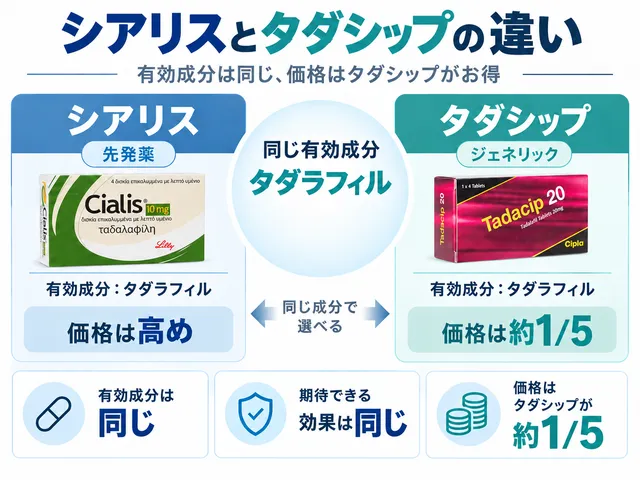 タダシップとシアリスは効果が同じだが安く購入できることを説明している画像