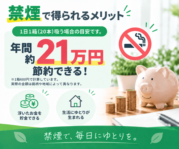禁煙によるメリットを解説する画像（年間約21万円の節約）