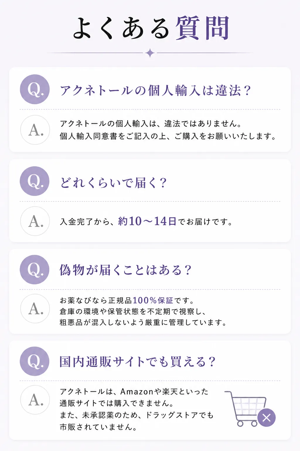 よくある質問 Q.アクネトールの個人輸入は違法？アクネトールの個人輸入は、違法ではありません。個人輸入同意書をご記入の上、ご購入をお願いいたします。Q.どれくらいで届く？入金完了から、約10～14日でお届けです。Q.偽物が届くことはある？お薬なびなら正規品100%保証です。倉庫の環境や保管状態を不定期で視察し、粗悪品が混入しないよう厳重に管理しています。Q.国内通販サイトでも買える？アクネトールは、Amazonや楽天といった通販サイトでは購入できません。また、未承認薬のため、ドラッグストアでも市販されていません。
