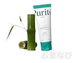 マイティバンブーパンテノールクリーム（PURITO）と竹素材を並べたイメージ画像。保湿成分である竹由来成分をイメージさせるビジュアル