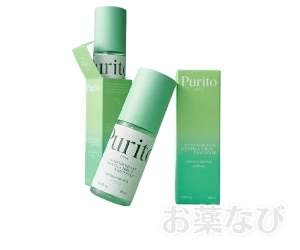 ワンダーリリーフセンテラセラム（PURITO）のボトルと外箱を並べた商品イメージ画像。グリーンを基調としたナチュラルで清潔感のあるデザイン