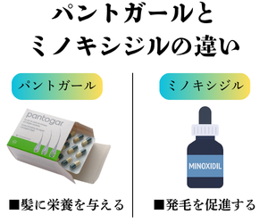 パントガールとミノキシジルの違いを比較した説明画像(髪に栄養を与える・発毛を促進する)