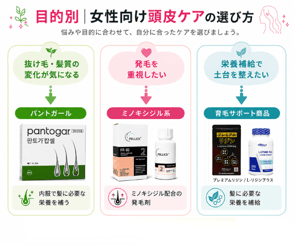 女性向け頭皮ケアの選び方|抜け毛・発毛・栄養補給の目的別おすすめ商品