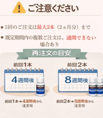 ご注意くださいの案内画像。1回の注文は最大2本（2か月分）まで、既定期間内の複数注文は通関できない場合があることを説明。再注文の目安として、前回1本は4週間後、前回2本は8週間後から注文可能と示している