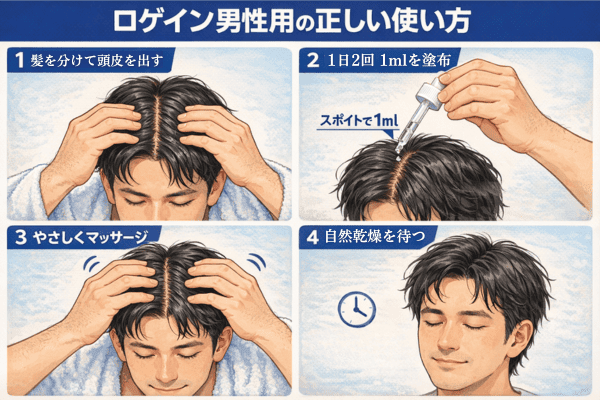 ロゲイン男性用の正しい使い方を解説したイラスト。髪を分けて頭皮を出し、1日2回スポイトで1mlを塗布し、やさしくマッサージして自然乾燥させる手順を示している。
