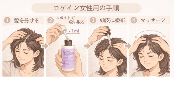 ロゲイン女性用の使用手順を示したイラスト。髪を分ける、スポイトで約1ml吸い取る、頭皮に塗布する、マッサージするまでの流れを図解している。