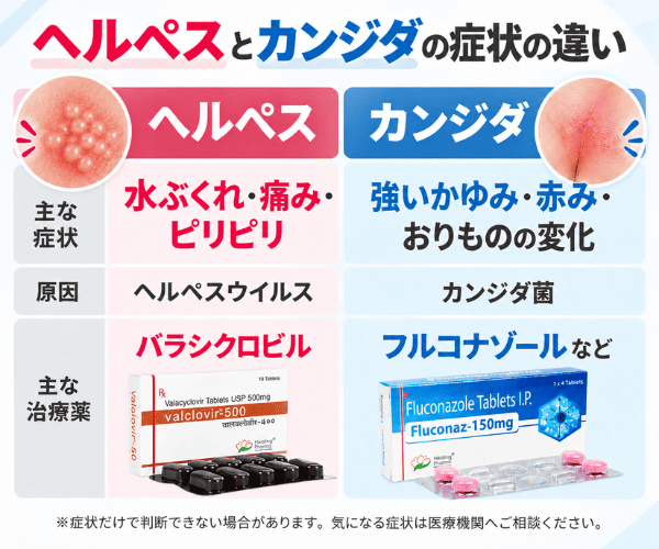 ヘルペスとカンジダの症状・原因・治療薬の違いを比較した画像