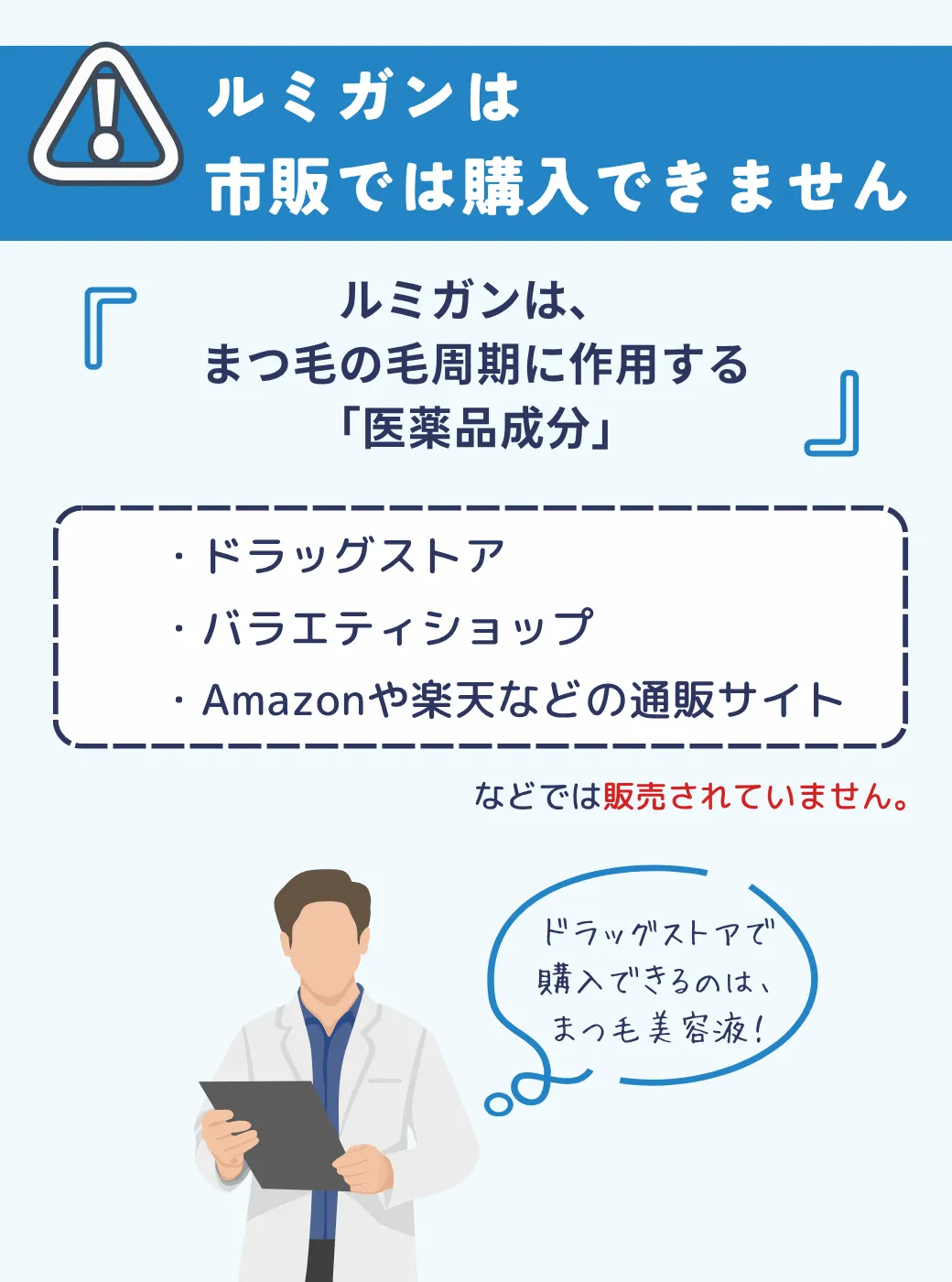 ⚠ルミガンは市販では購入できません ルミガンは、まつ毛の毛周期に作用する「医薬品成分」。そのため、・ドラッグストア・バラエティショップ・Amazonや楽天などの通販サイトなどでは販売されていません。ドラッグストアで購入できるのは、あくまで「まつ毛美容液」！