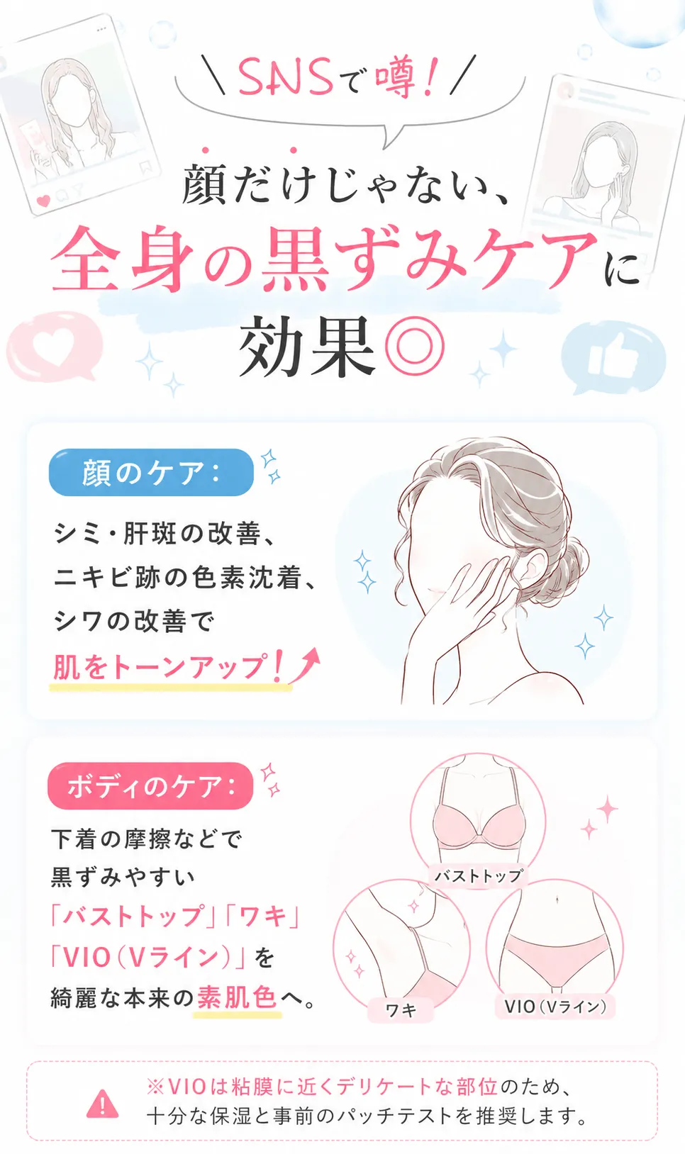 ＼SNSで噂！／ 顔だけじゃない、全身の黒ずみケアに効果◎顔のケア： シミ・肝斑の改善、ニキビ跡の色素沈着、シワの改善で肌をトーンアップ！ボディのケア： 下着の摩擦などで黒ずみやすい「バストトップ」「ワキ」「VIO（Vライン）」を綺麗な本来の素肌色へ。※VIOは粘膜に近くデリケートな部位のため、十分な保湿と事前のパッチテストを推奨します。