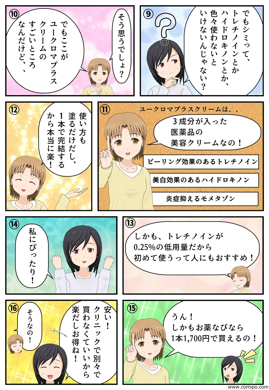 “「でもシミや肝斑ってトレチノインとかハイドロキノンとか、色々使わないといけないんじゃないの？」「そう思うでしょ？でもここがユークロマプラスクリームのすごいところなんだけど、」「ユークロマプラスクリームは、、3成分が入った医薬品の美容クリームなの！・ピーリング効果のあるトレチノイン・美白効果のあるハイドロキノン・炎症抑えるモメタゾン」「使い方も塗るだけだし、1本で完結するから本当に楽！」「しかもトレチノインが0.25%の低用量だから初めて使うって人にもおすすめ！」「私にぴったり！」「うん！しかもお薬なびなら1,700円で買えるの！」「安い！クリニックで別々で買わなくていいから楽だしお得ね！」「そうなの！」”