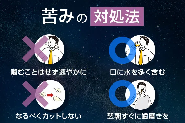 フルナイトの苦みの対処法、噛むことはせず速やかに、なるべくカットしない、口に水を多く含む、翌朝すぐに歯磨きを
