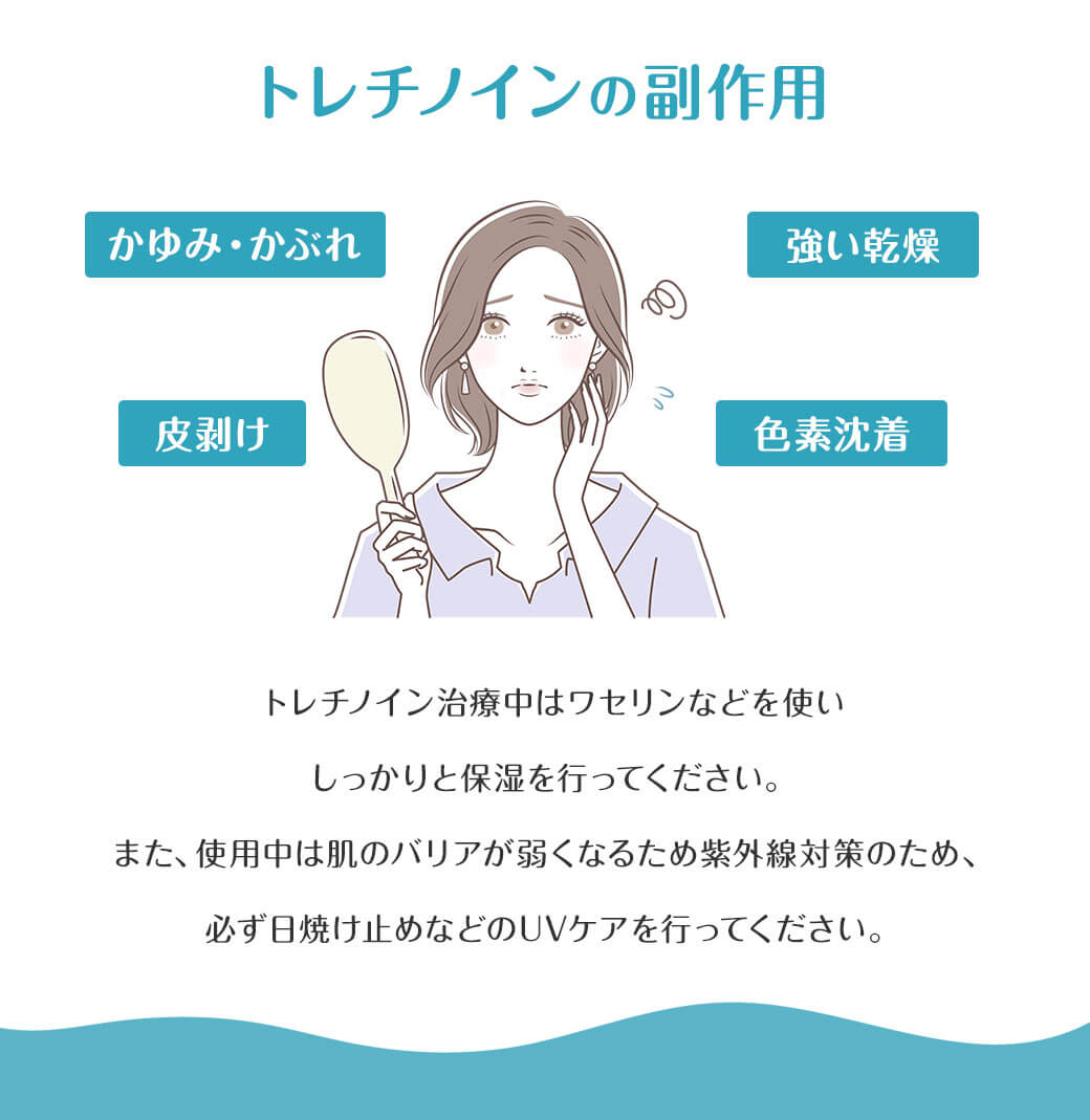 トレチノインの副作用 かゆみ・かぶれ 強い乾燥 皮剥け 色素沈着 トレチノイン治療中はワセリンなどを使いしっかりと保湿を行ってください。また、使用中は肌のバリアが弱くなるため紫外線対策のため、必ず日焼け止めなどのUVケアを行ってください。