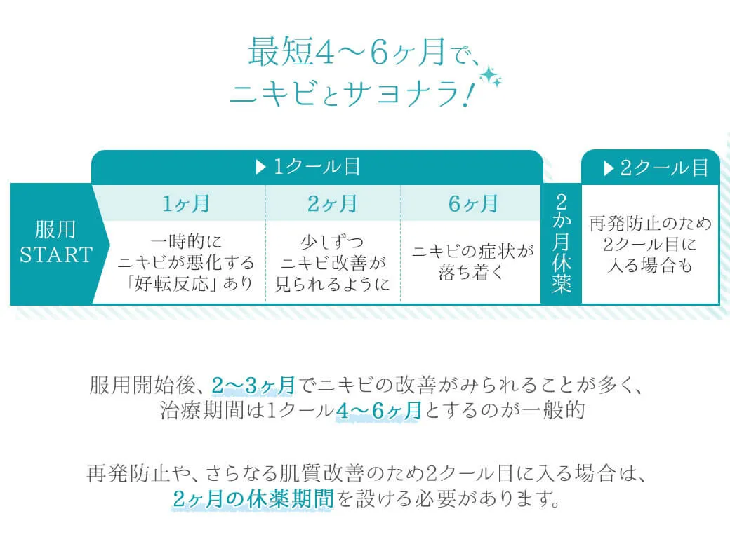 最短4～6ヶ月で、ニキビとサヨナラ！服用START →1クール目 1ヶ月一時的にニキビが悪化する「好転反応」あり 2ヶ月少しずつニキビ改善が見られるように 6ヶ月ニキビの症状が落ち着く 2か月休薬 →2クール目再発防止のため2クール目に入る場合も 服用開始後、2～3ヶ月でニキビの改善がみられることが多く、治療期間は1クール4～6ヶ月とするのが一般的 再発防止や、さらなる肌質改善のため2クール目に入る場合は、2ヶ月の休薬期間を設ける必要があります。