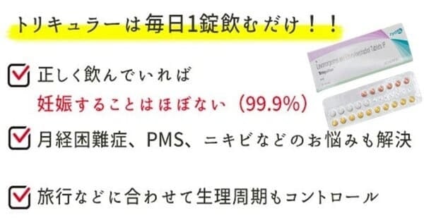 トリキュラーは毎日1錠飲むだけで、妊娠することはなく驚異の99.9％の避妊率です。その他月経困難症やPMSさらにニキビなどのお悩みも解決。旅行などに合わせて生理周期もコントロールできます。