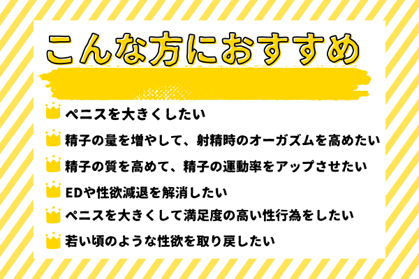 こんな方におすすめ。ペニスを大きくしたい、精子の量を増やして、射精時のオーガズムを高めたい、精子の質を高めて、精子の運動率をアップさせたい、EDや性欲減退を解消したい、ペニスを大きくして満足度の高い性行為をしたい、若い頃のような性欲を取り戻したい